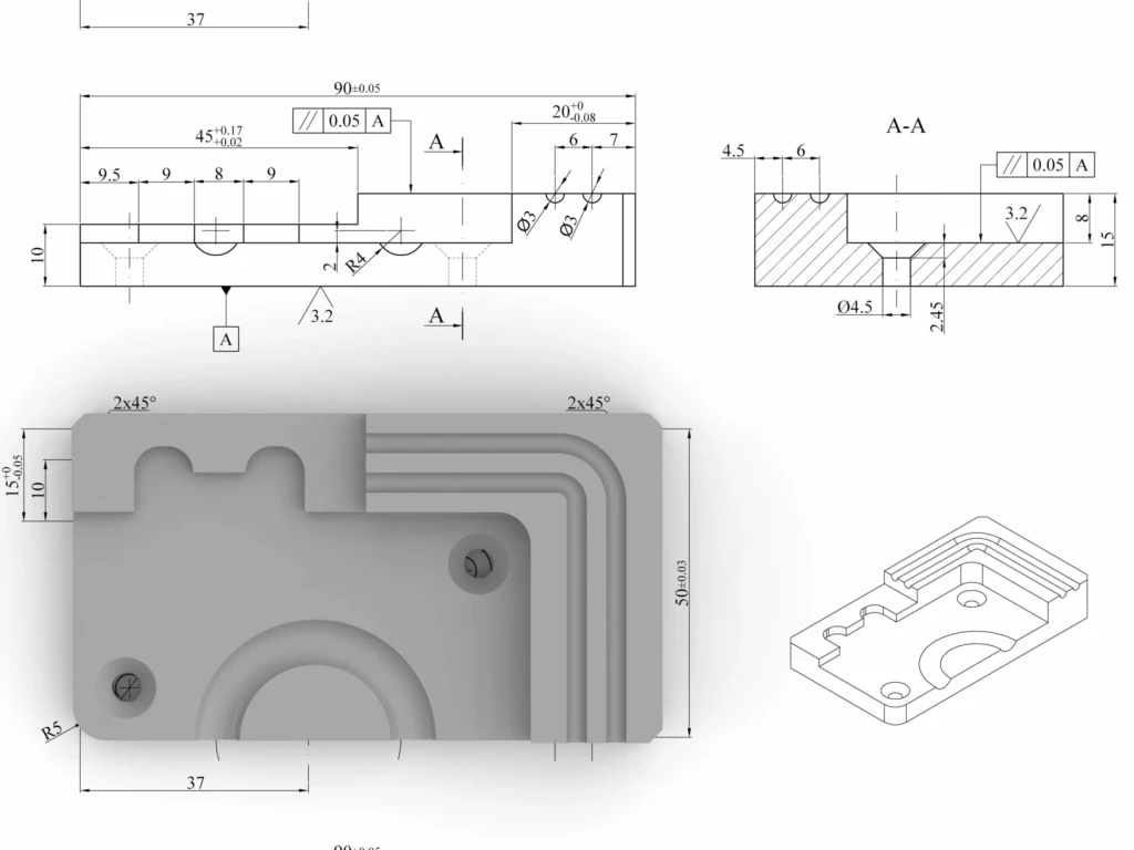 How Tight Tolerances Can Your Singapore CNC Machining Shop Hold? 8 engineering drawing showing dimensions and cross sectional details of a machined part